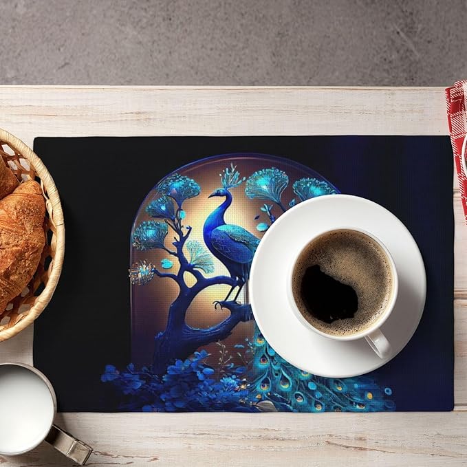 Blue Peacock Placemats Set of 4, Peacock Tree Place Mats Washable Double-Sided Table Mats for Kitchen Dining Room Home Party Indoor Decor 4 PCS 12x18 Inch