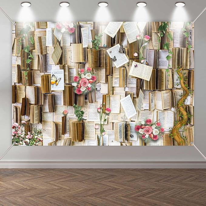 6x4ft Books Background for Photography Books Pages Pink Flowers Wedding Party Backdrop for Book Lovers Photography Studio Props KUHBDJ166