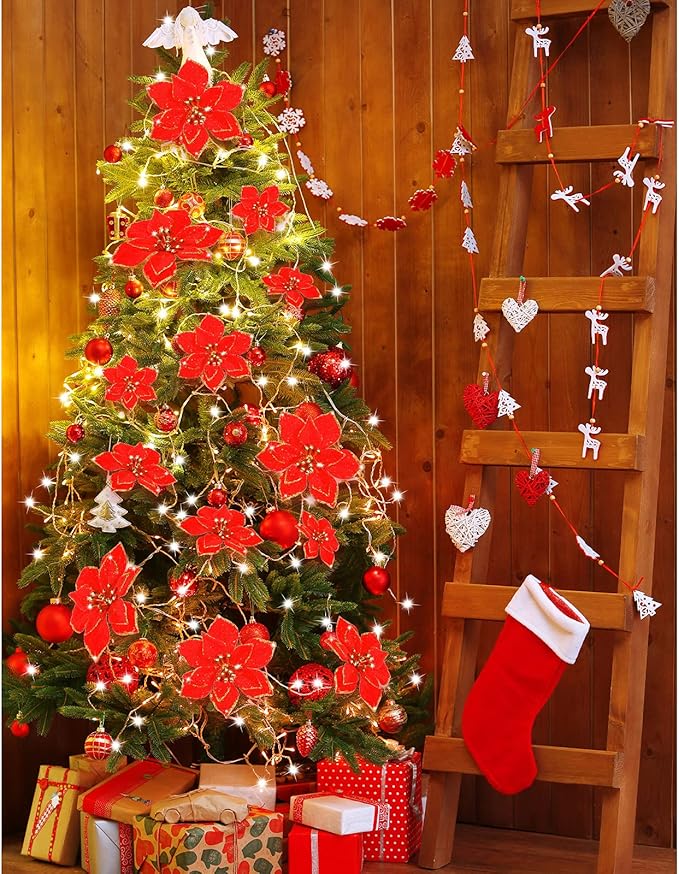 WILLBOND 24 Pcs 3 Size Poinsettia Flower Artificial Christmas Decor Glitter Poinsettia Christmas Ornaments Faux Flowers for Xmas Tree Outdoor(3.2/4/6 Inches,Red)
