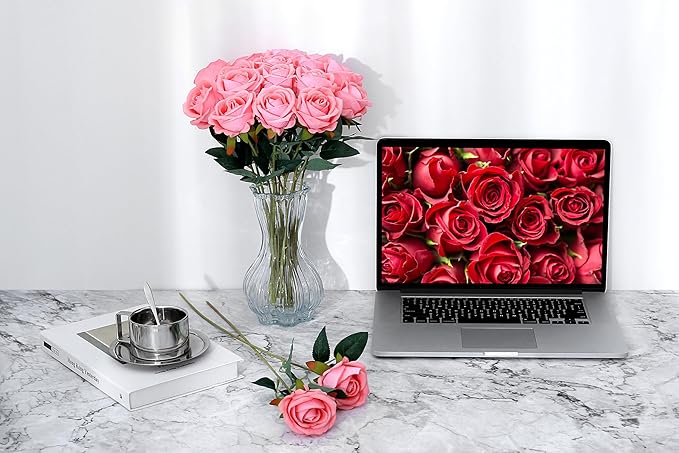 SITUMEIZI 15PCS Pink Artificial Roses Silk Flowers Fake Roses Realistic Bouquet Long Stem with Gift Box for Mother's Gift Day Home Party Wedding Decorations