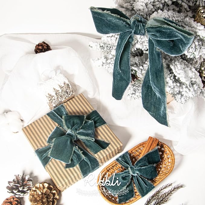 Ribbli Dusty Green Velvet Ribbon 2 Inch Handmade Frayed Vintage Steel Blue Christmas Ribbon for Gift Wrapping Christmas Tree Ornament Wreath Craft Home Decor -3 Yards