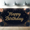 Happy Birthday Backdrop Banner Navy Blue Gold Glitter Rose Floral Birthday Party Decorations Photography Background Wedding Baby Shower Decor Booth Studio Props Supplies 71 x 43 Inch