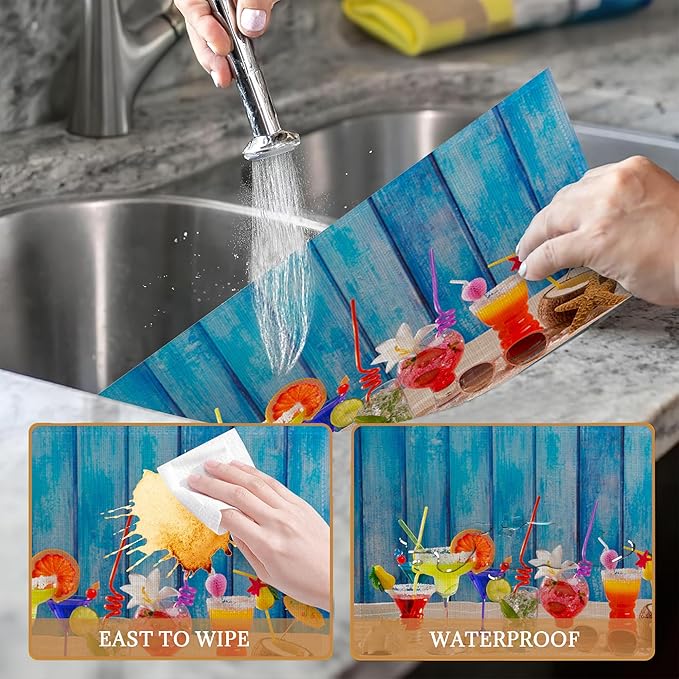 Colorful Tropical Cocktails at Beach on Blue Wood Placemats Set of 6 Place Mats for Kitchen Table Washable Farmhouse Linen Table Mats Dining Decoration 12x18 Inch