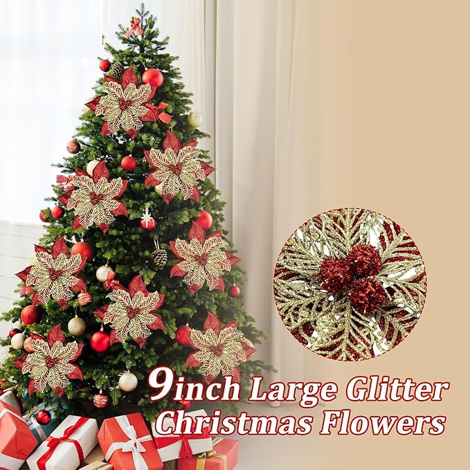 9'' Large Christmas Poinsettia Flowers, 4 Pcs Red Gold Glitter Artificial Christmas Tree Ornament Flowers Decorations with Clips for Xmas Tree Wreath Garland Wedding Party DIY Decor