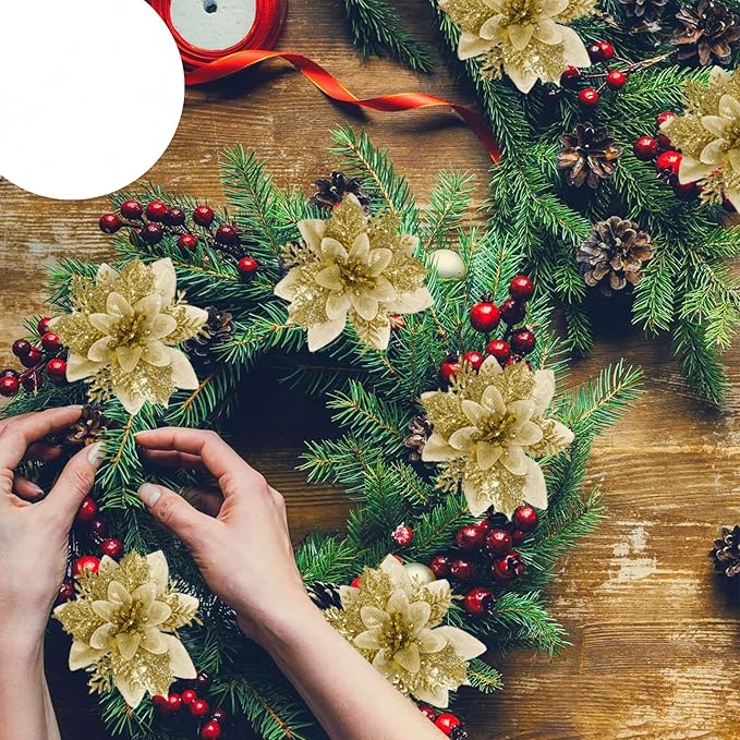 24 PCS Poinsettia Flower Artificial Gold Christmas Flowers Artificial 5.5'' Glitter Poinsettias Artificial Christmas Tree Flower with Clips DIY Xmas Wreath Holiday New Year Home Party Decor