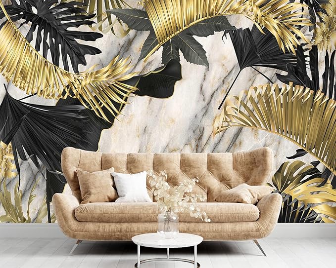 Seamless Summer Pattern with Golden White and Black Tropical Plants.Modern Abstract Design for Paper Wallpaper Cover Fabric （Non-self-Adhesive）