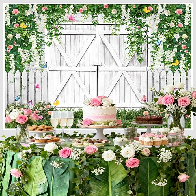 AOFOTO White Barn Door Floral Backdrop 10x7ft Spring Garden Background Banner Green Leaves Flowers Butterfly Wooden Door Backdrops Birthday Bridal Shower Wedding Banner Photo Booth Studio Props