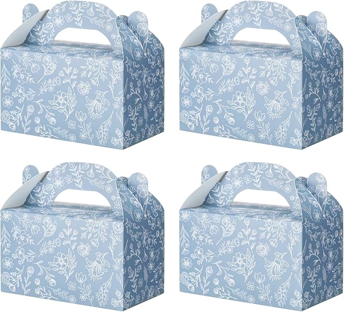 Dunzoom 24 Pack Dusty Blue Floral Paper Gift Boxes Party Favor Gift Gable Boxes with Chinoiserie Floral Printed Candy Treat Box for Wedding Birthday Tea Bridal Shower Party