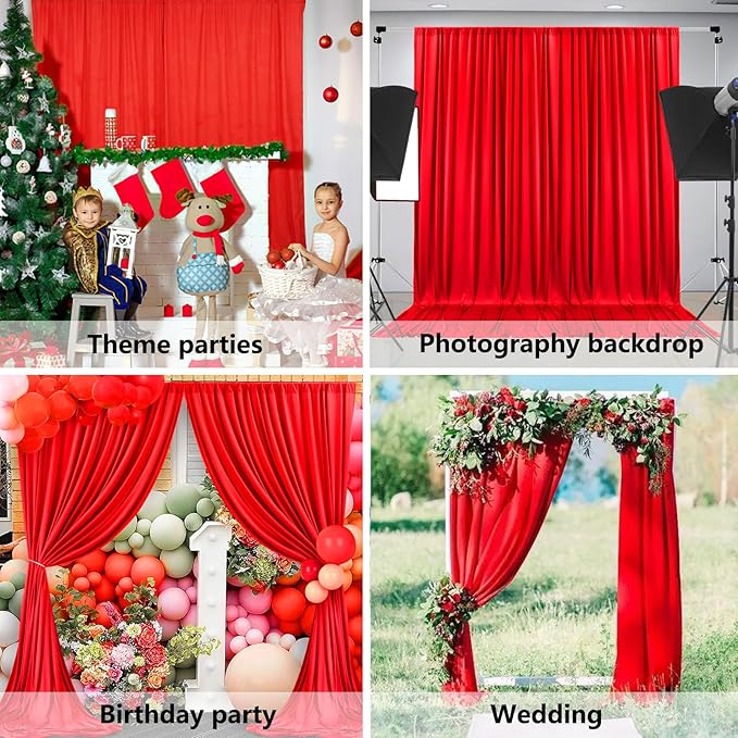 10 x 10 Feet Red Backdrop Curtain for Partie, Background Curtains for Photoshoot, Birthday, Wedding, Halloween, Thanksgiving, Christmas, New Year Party Decorations 5Ft x 10Ft, 2 Panels