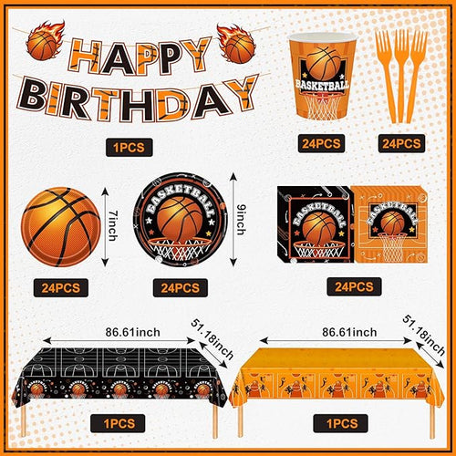 123 PCS Basketball Party Decorations, Disposable Tableware with Plates Cups Napkins Banner Tablecloth for Thanksgiving Christmas Basketball Birthday Party Decor Supplies, Serves 24 Guest