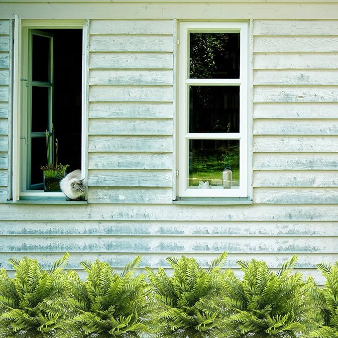 PASYOU Artificial Boston Fern Plants, Greenery Leaves Bamboo UV Resistant Fake Plastic Plant for Outdoors Indoor Hanging Planter Front Porch Garden Farmhouse Decoration 8 Pack