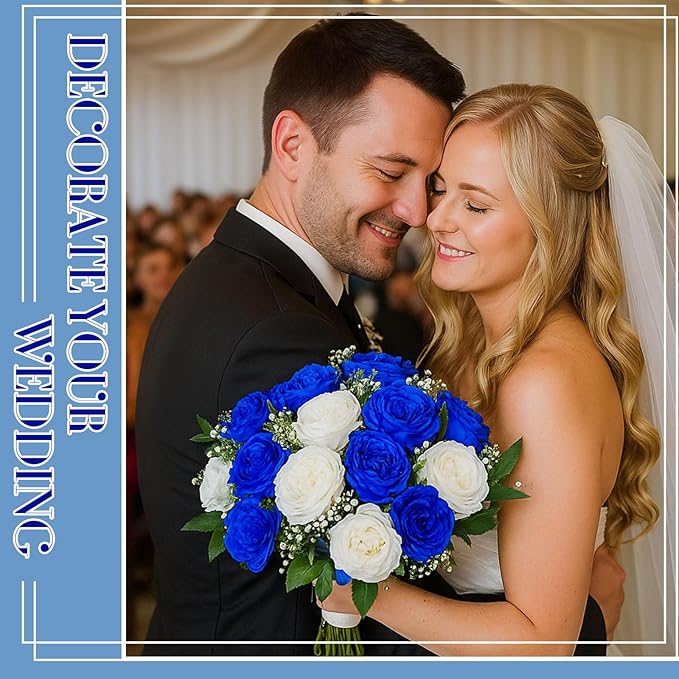 Geosar 8 Bundles Artificial Peonies Flowers Fake Silk Peony Bouquet Faux Peonies Flowers Bulk for Decoration Vase Floral Arrangements Wedding Party Table (Royal Blue,White)