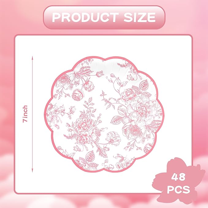 Pink Floral Party Plates Vintage Floral Leaf Disposable Paper Plates Wildflower Pink Toile 7" Scalloped Rim Dessert Plates for Valentines Birthday Bridal Tea Party Supplies (48)