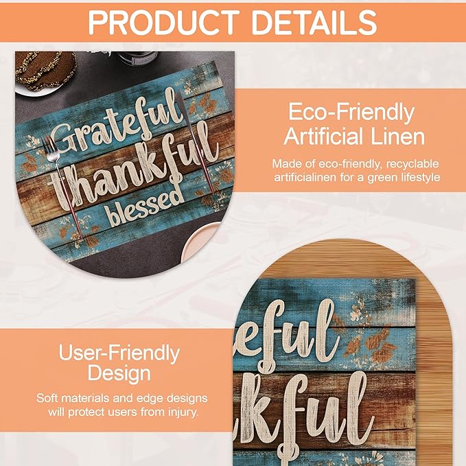 Grateful Thankful Blessed Placemats Set of 6,Wood Grain Dinner Table Mats Non-Slip Washable Mats for Kitchen Dinner Party Tablemat 12x18Inch
