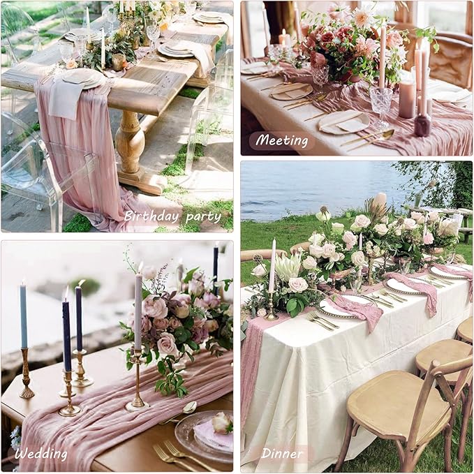 12 Pack 13Ft Cheesecloth Table Runner 35x157 Inch Boho Gauze Cheese Cloth Long Rustic Table Runner for Wedding Bridal Shower Birthday Party Table Decor (Dusty Pink)