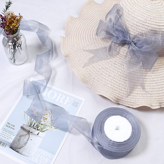 1.5 inch Sheer Organza Ribbon Silver Chiffon Ribbon for Gift Wrapping Christmas Halloween Decoration Wedding Bouquet Crafts 50 Yards