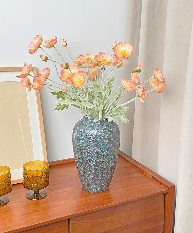 Set of 6 Poppies Flowers Artificial Silk Flowers with Long Stems Faux Wildflowers Bouquet for Vases Oil Pastel Style for Wedding Party Indoor Home Office Decor (Gradient Coral)