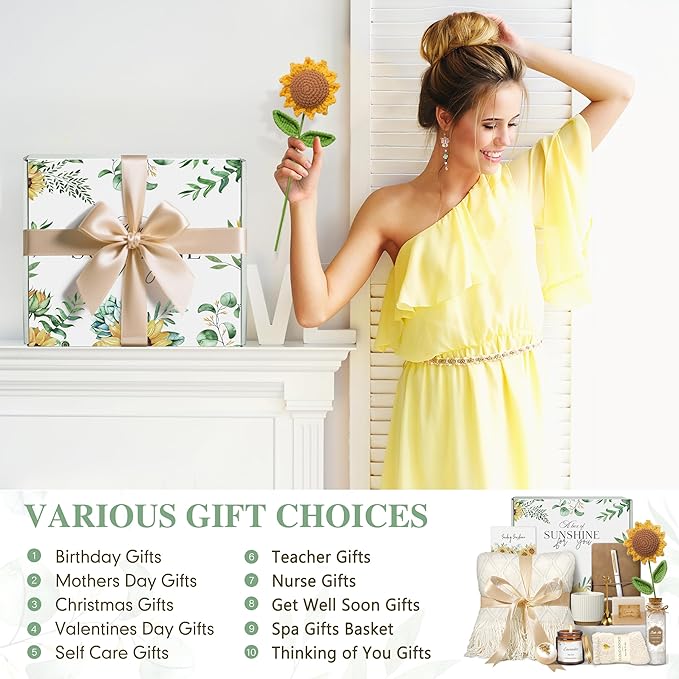 Gifts for Women, Best Friend Birthday Gifts, Get Well Soon Self Care Package Box, Sending Sunshine Sunflower Basket, Thinking of You Inspirational Christmas Gifts for Mom Her Sister Wife