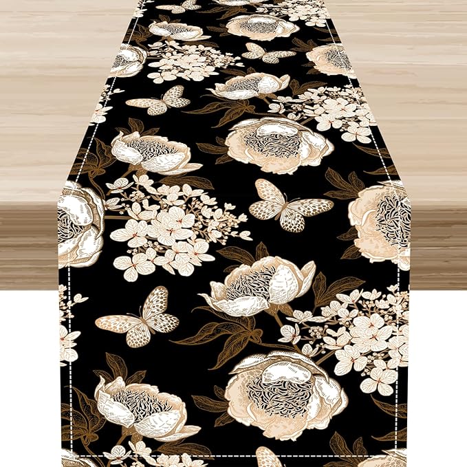 Boho Floral Table Runner, Retro Bohemian Abstract Flower Leaves Black Gothic Print Table Center Decor for Family Kitchen Table Decorations Indoor Outdoor 13x36 inch