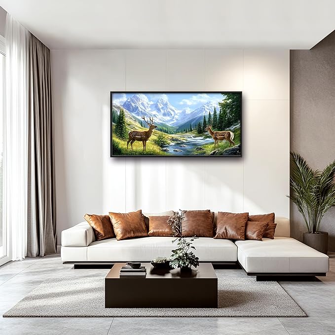 Mountain Forests Deer Large Wall Art Framed Farmhouse Wall Decor for Living Room Rustic Elk Pictures Oversized Canvas Print Painting Modern Extra Large Framed Artwork for Bedroom Office 60"x30"
