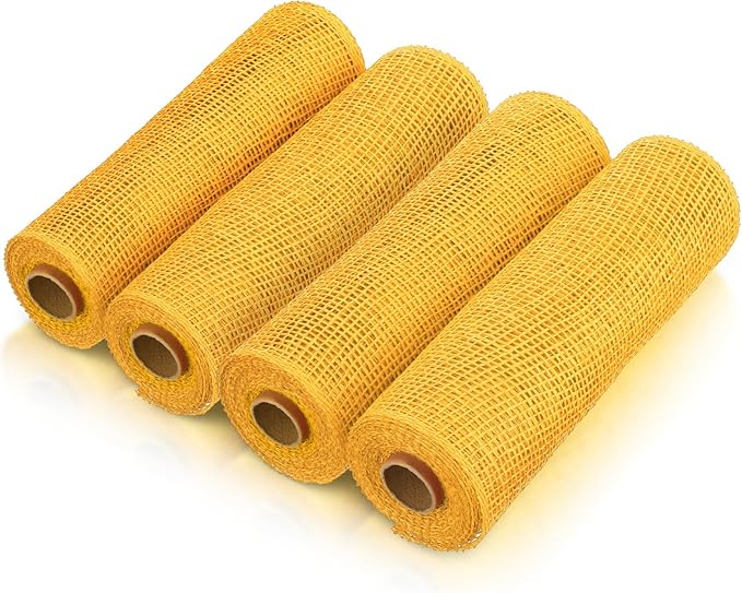 Chuangdi 4 Rolls Spring Poly Burlap Mesh Poly Burlap Deco Ribbon Mesh Roll for Summer Easter 4th of July DIY Flower Wreath Garland, 10 Inch(Yellow)