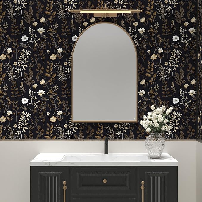 Vintage Dark Floral Small Roll Peelable Wallpaper 17.5" x 78", Moody Black Leaf Botanical Contact Paper for Drawer and DIY Craft, Retro Self Adhesive Wall Paper Brown Taupe Wall Art Decor