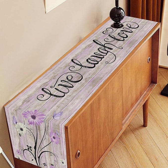 Purple Daisy Table Runner, Butterfly Rustic Seasonal Spring Wild Flower Rustic Blue Wood Farmhouse Decor for Family Kitchen Farmhouse Holiday Party Table Decorations Indoor Outdoor 13x36 inch