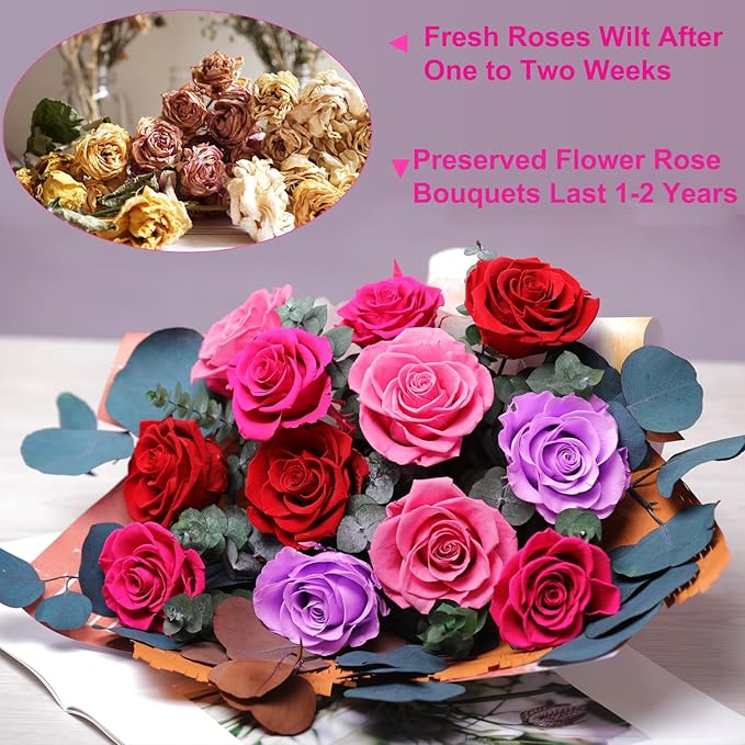 Lovenfold Flowers for Delivery Birthday Flowers Gift for Her,Preserved Flowers Bouquet 12 Roses Mixed Bouquet,Rose Gifts for Women Mom Grandma(Mixed 12 Reddish-A Roses)