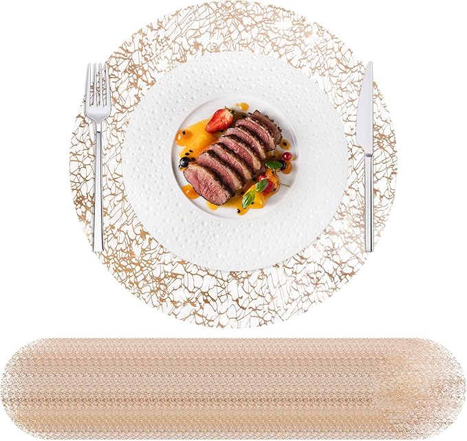 Hysenm 100 Pcs Disposable Champagne Placemats Set Metallic 13 Inch Round Table Doilies, Ultra-Thin Messy Lines Disposable Placement Mats for Home Decoration Dining Table Wedding Birthday Party