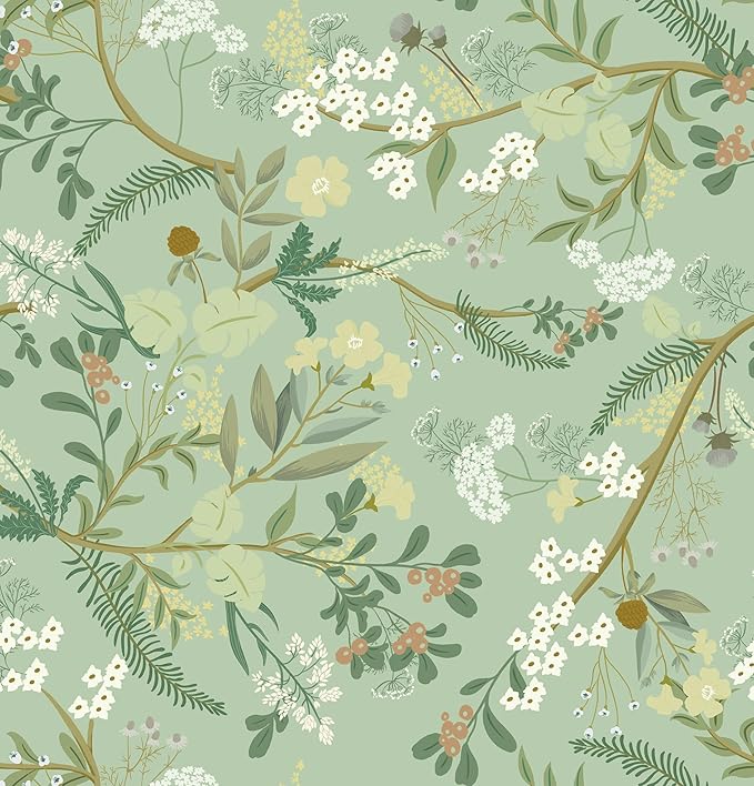 Guvana 16.14"x197" Peel and Stick Wallpaper Floral and Leaf Contact Paper Boho Self Adhesive Wallpaper Flower Contact Paper DIY Removable Wallpapers for Livingroom Wall Decor(Light Green Background)