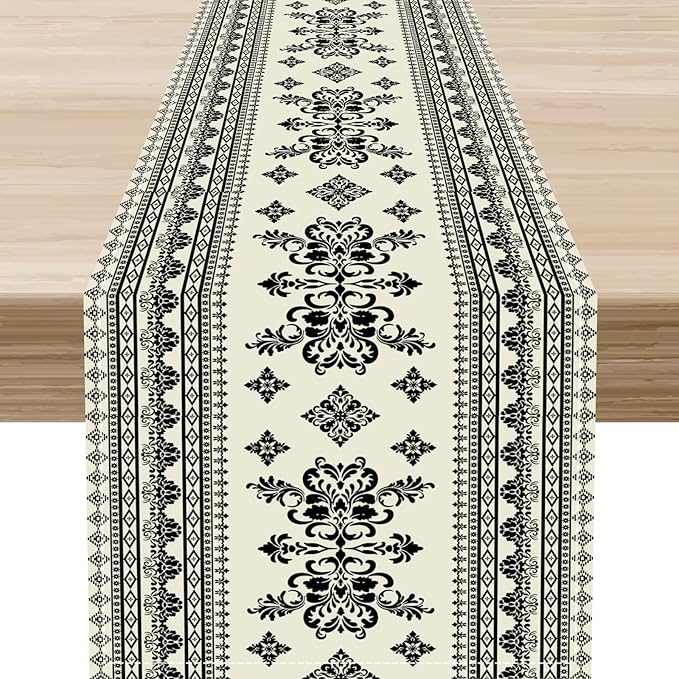 Black Floral Table Runner, Rustic Damask Antique Floral Retro Boho Art Linen Coffee Table Center Decor for Family Kitchen Farmhouse Holiday Party Table Decorations Indoor Outdoor 13x36 inch