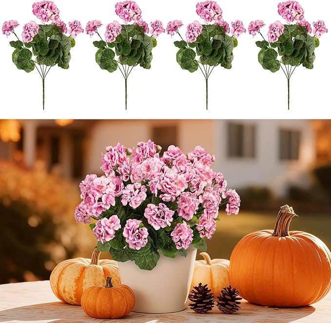 4PCS Home Decor Fake Plants Artificial Flowers Artificial Geraniums Outdoor Fake Flowers Artificial Flowers Fake Silk Bouquet, Fall Decor for Interior Porch Garden Decoration (Pink) 14.4"