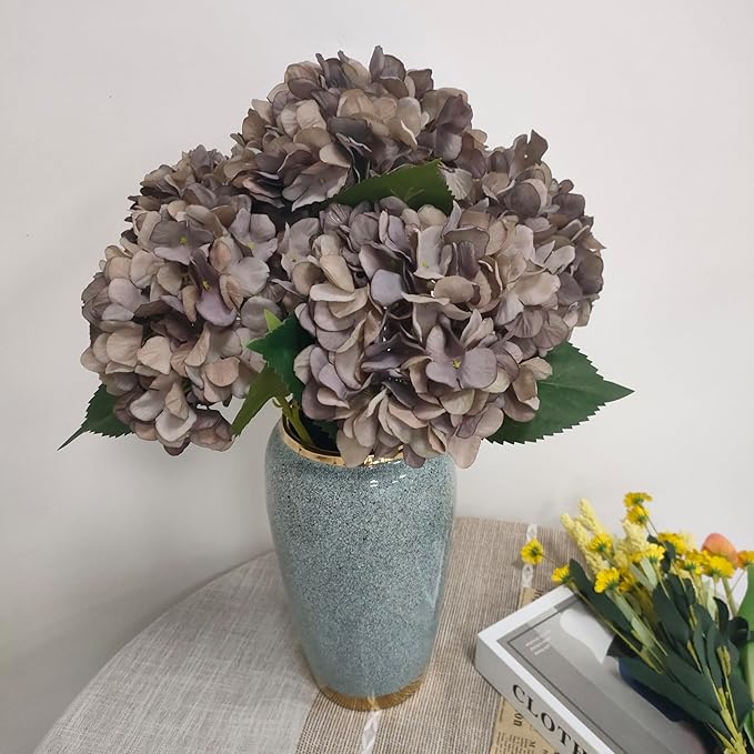 Coffee Hydrangea Artificial Flowers,10 Pcs Faux Coffee Hydrangea Flowers,Artificial Hydrangeas Flowers with Stems,Fake Hydrangeas,Silk Hydrangeas Flowers with Stems for Home Decor