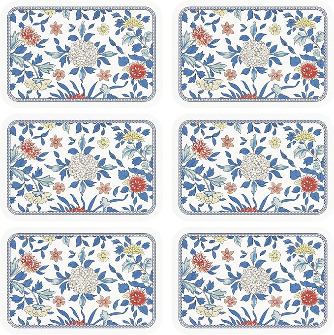 patdrea Blue Floral Rectangular PVC Placemats, Pack of 6, Waterproof Insulation, Soft and Durable, Suitable for Dining Table, Kitchen and Coffee Table Decoration,12"*17"