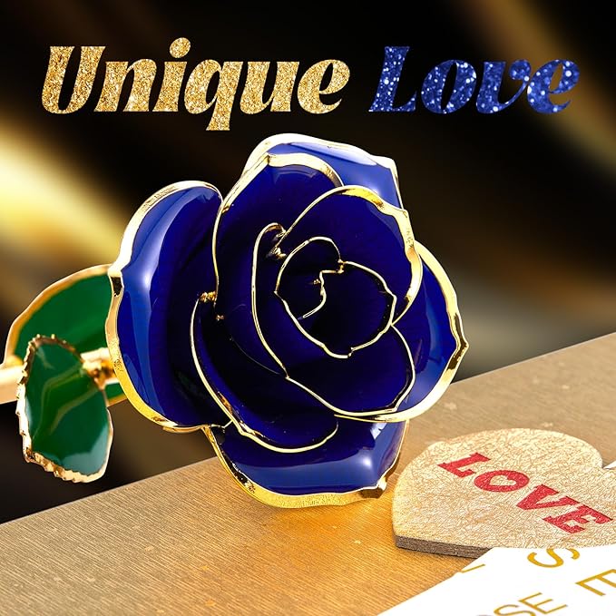 Mikasol Gold Dipped Real 24K Forever Preserved Rose, 1 Pack Infinity Flower Decor Hand Dipped Romantic Gift for Women in Her Wife Girlfriend Birthday Anniversary Valentines Mothers Day Christmas(Blue)