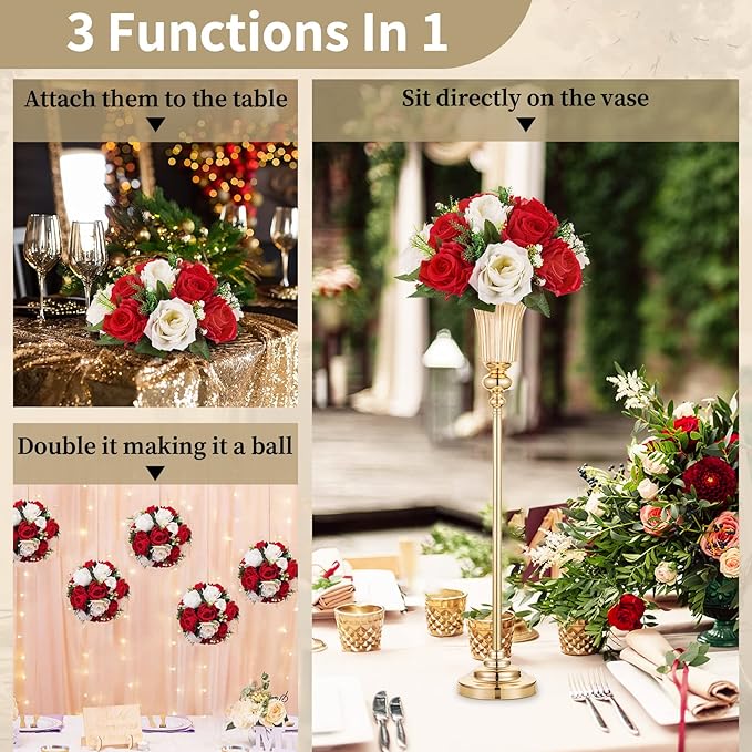 NUPTIO Flower Centerpieces for Wedding Tables: 10 Pcs Red & White Artificial Flower Ball Arrangement for Christmas Thanksgiving Party - 2 Pcs Fake Floral Rose for Bridal Shower Decor