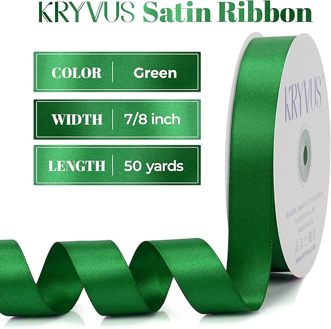 Green Satin Ribbon, Double Faced 7/8 Inch X 50 Yards Green Ribbon, Premium Satin Ribbon for Gift Wrapping, Crafts, Hair Bow Making, Sewing, Flower Bouquet, Wedding Party Decor