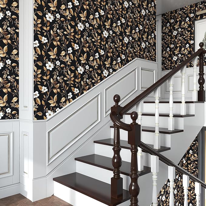 Extra Long Vintage Gold Wallpaper, 17.5" x 393" Classic Black and Gold Floral Self-Adhesive Vinyl Contact Paper for Bedroom, Powder Room, Countertop, Removable Antique Dark Metallic Home Decor