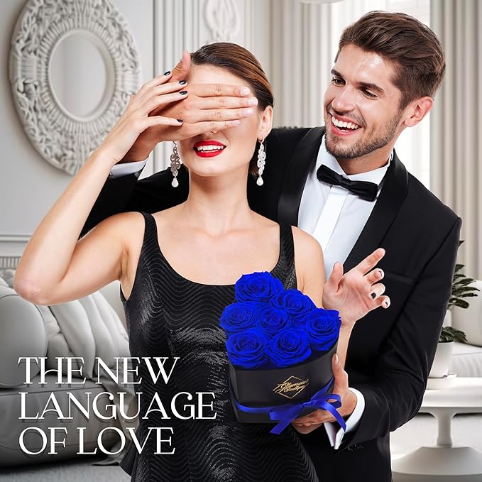 GLAMOUR BOUTIQUE 7 Flower Forever Heart Shape Box - Preserved Roses Gift for Her, Preserved Flowers, Blue