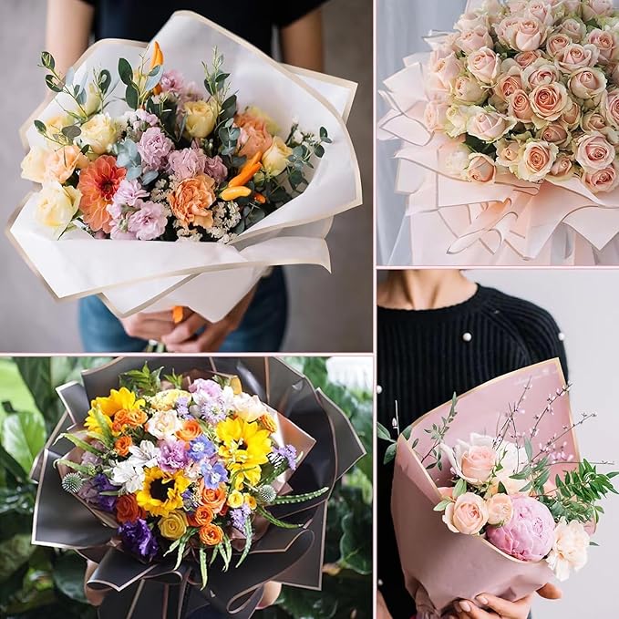 FF Sgdfc 300 Sheets Gold Edge Flower Wrapping Paper Waterproof Bouquet Packaging Paper Florist Bouquet Supplies for Wedding DIY Craft Gift Packing (30 Colors)