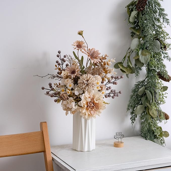 16-inch Artificial Fake Flowers Bouquet with Vase, Silk Table Arrangements Faux Plastic Floral Centerpieces for Home with Roses, Dandelions, Daisies, Hydrangea, Eucalyptus and Hollyberries