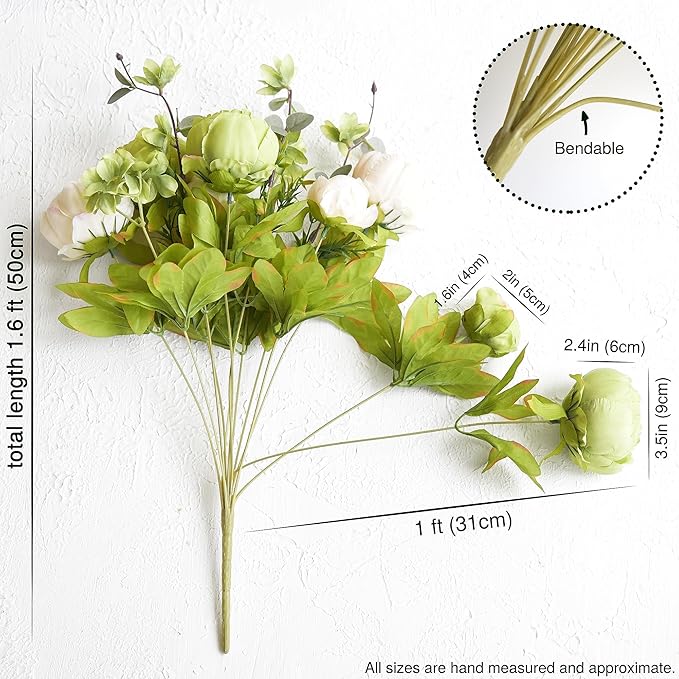 FiveSeasonStuff Mixed Cream Beige and Moss Green Vintage Artificial Silk Flower Peonies 2 Bouquets Floral