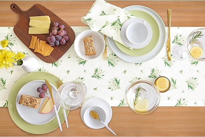 Solino Home Lily Floral Print Table Runner 90 Inches Long - 100% Pure Linen Table Runner 14 x 90 Inch - Lily of The Valley/Off White Print