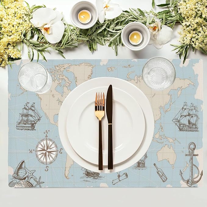 Vintage World Map Placemats Set of 4, Placemats for Dining Table,Heat Resistant Stain Resistant Wipeable Table Mats for Kitchen Dining Holiday Party Home Decor,12x18 Inch