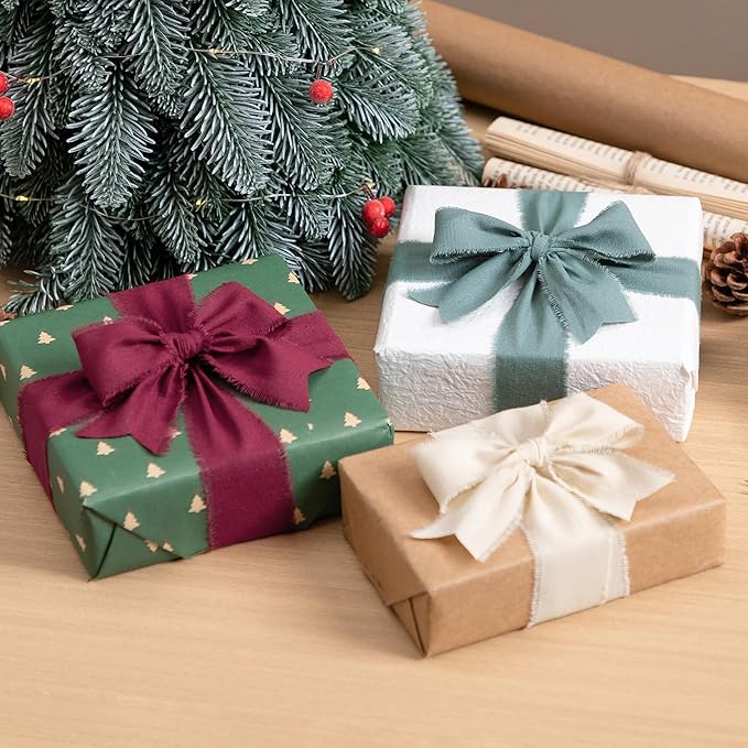 Christmas Ribbon 1-1/2 x 15 Yards Handmade Cotton Frayed Fringe Fabric Ribbons for Crafts Flower Bouquets Wedding Wreath Home DIY Decoration