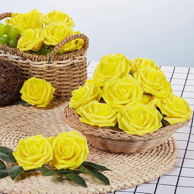 Artificial Rose Flower Heads, 100pcs Yellow Roses Artificial Flower Foam Rose for DIY Wedding Bouquets Centerpieces Arrangements Party Baby Shower Home Decor (Stemless, Yellow)
