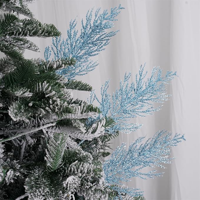 Christmas Glitter Stems 24pcs Artificial Pine Tree Picks for Christmas Tree Ornaments fillers, DIY Xmas Wreath, Crafts, Garland, Holiday, Party, Wedding and Home Decoration (Light Blue)