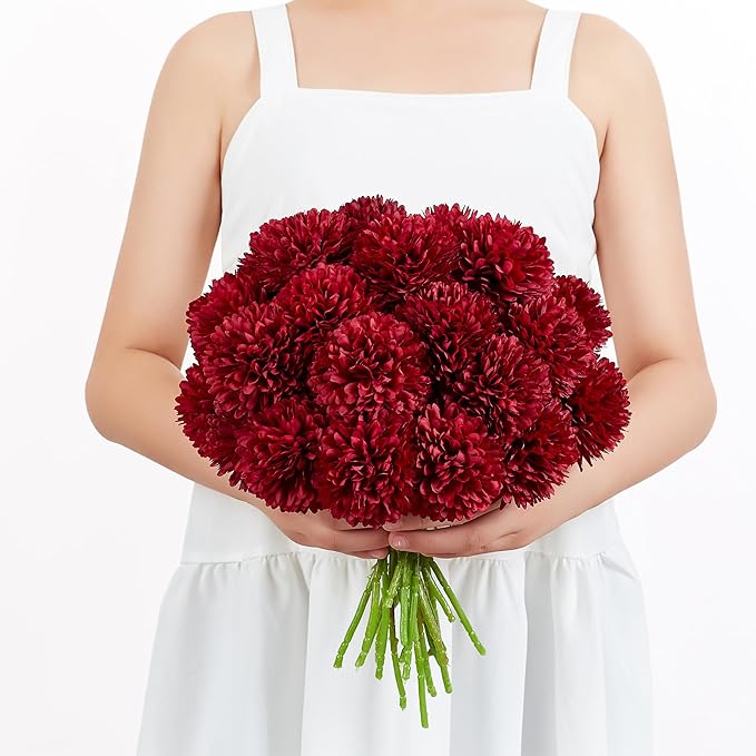 SITUMEIZI 12 Pcs Burgundy Flower Artificial Chrysanthemums Flowers Ball Flower Fake Mums Silk for Halloween Thanksgiving Day Fall Wedding Home Decoration Floral Arrangement