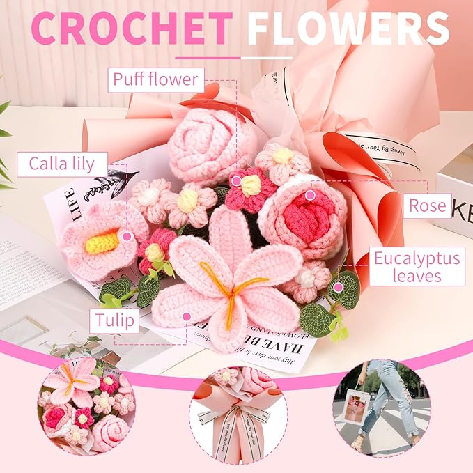 Crochet Flowers Bouquet, Handmade Knitting Crochet Flowers, Tulips Flower and Calla Lily Bouquet for Birthday, Gifts for Women, Valentines (Pink)