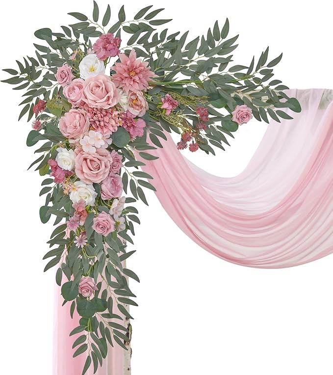 Wedding Arch Flowers with Drapes Kit (Pack of 4) - 2pcs Artificial Lilac Deluxe Swag with 2pcs Sheer Drapes for Wedding Ceremony Backdrop Rose Floral Decoration Arbor Reception